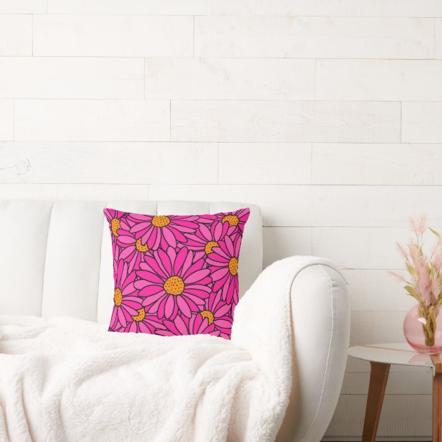 Coussin Motif de marguerite rose chaud et orange tiré à la (Canapé)