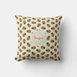 Coussin Motif de monogramme de ananas marron et menthe rét