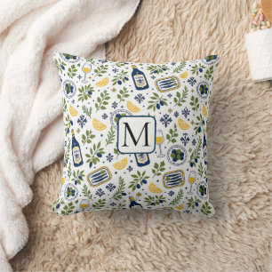 Coussin Motif de monogramme d'olive de vin de citron médit