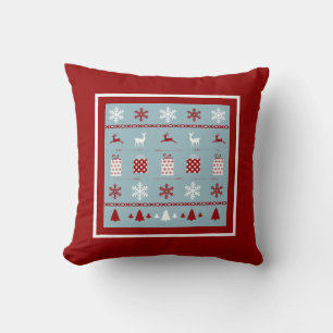 Coussin Motif de Noël, blanc, rouge et bleu