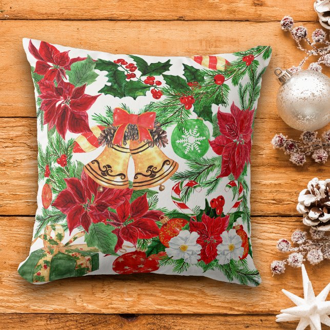 Coussin Motif de Noël Poinsettia Floral Gold Bells (Créateur téléchargé)