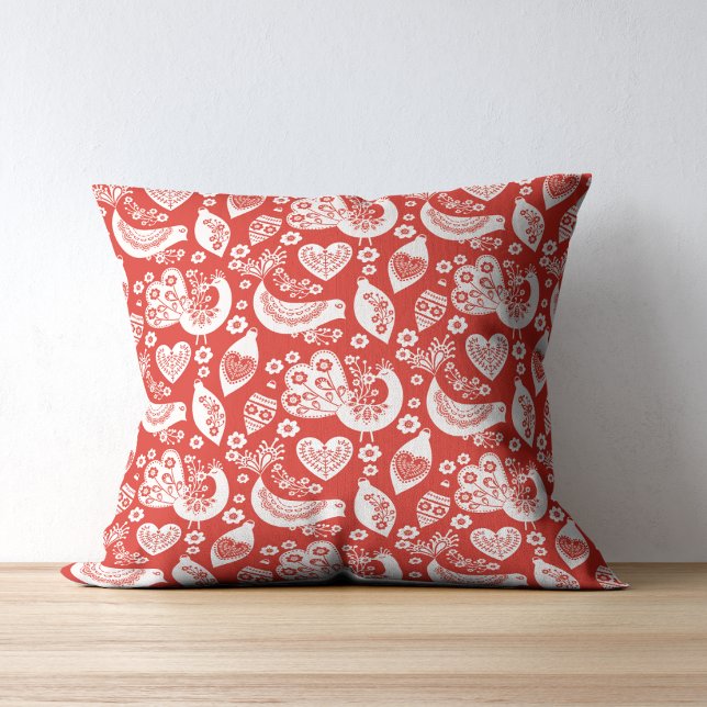 Coussin Motif de Noël scandinave rouge avec oiseaux (Créateur téléchargé)