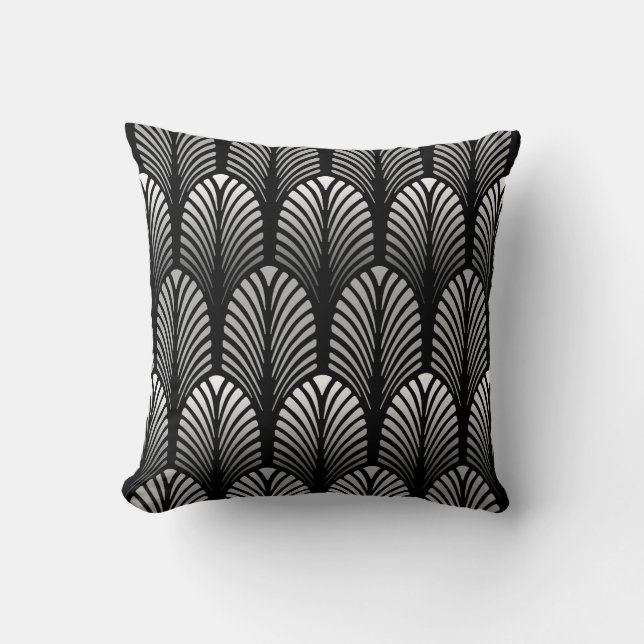 Coussin Motif de plume d'art déco, gris argenté et noir (Recto)