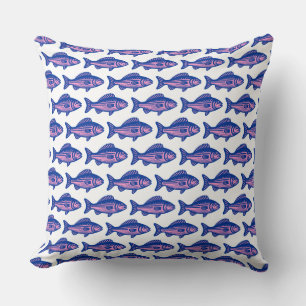 Coussin Motif de poisson - bleu marine et rose sur blanc