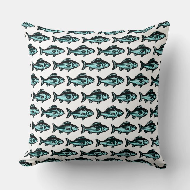Coussin Motif de poisson - noir et bleu glacé sur blanc (Recto)