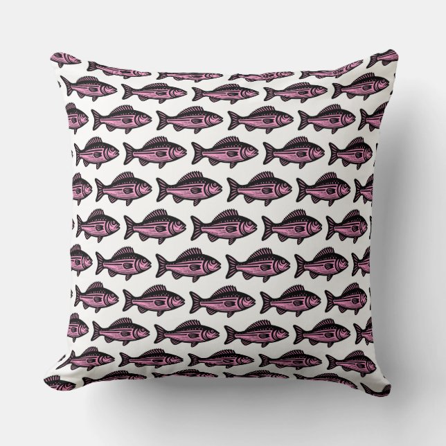 Coussin Motif de poisson - noir et rose sur blanc (Recto)