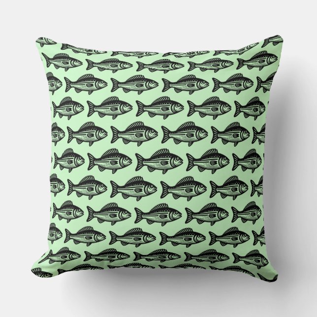 Coussin Motif de poisson - Noir sur Fantôme Vert (Recto)