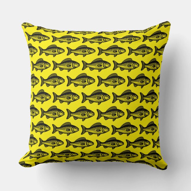 Coussin Motif de poisson - Noir sur Jaune clair (Recto)