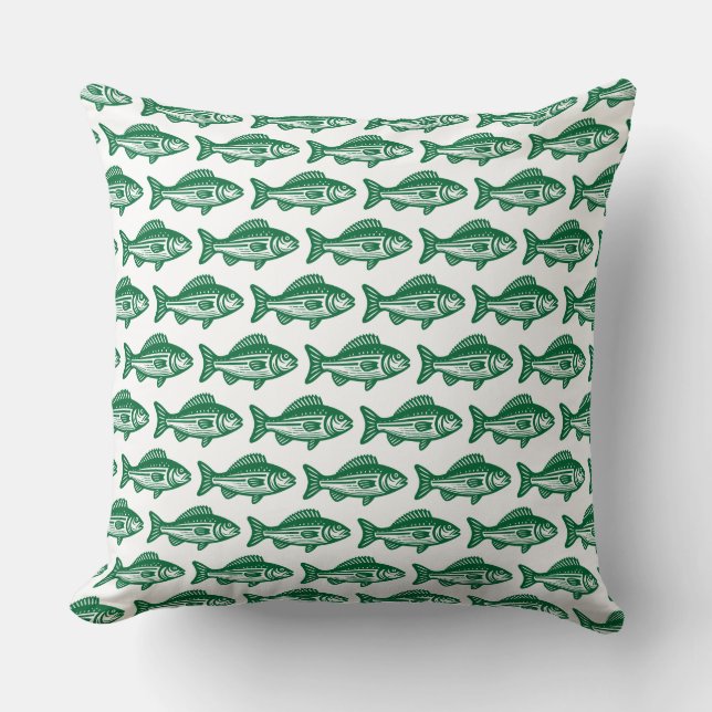 Coussin Motif de poisson - Vert de forêt sur blanc (Recto)