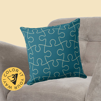 Coussin Motif de puzzle à découpe minimaliste bleu et jaun