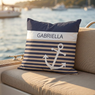 Coussin Motif de rayure brun beige taupe nautique personna