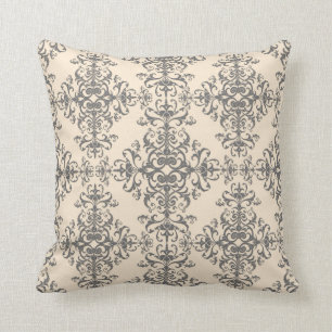 Coussin Motif de style damassé crème et gris élégant