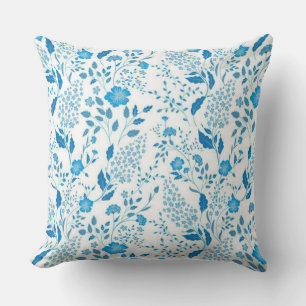 Coussin Motif de style de broderie florale blanc bleu  