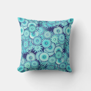 Coussin Motif de tourbillon fractal, nuances de bleu denim