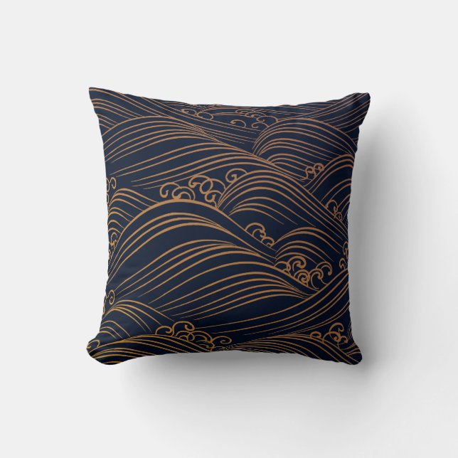 Coussin Motif de vagues japonais  bleu-foncé et d'or (Recto)