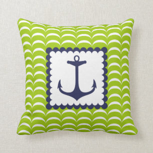 Coussin Motif de vagues vertes nautique d'Ancre de bleu