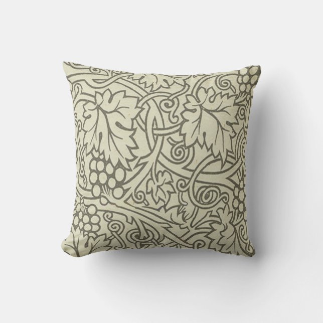 Coussin Motif de vigne de raisin gris vert de William Morr (Recto)