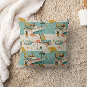 Coussin Motif d'été au bord de la piscine rétro flamant ro