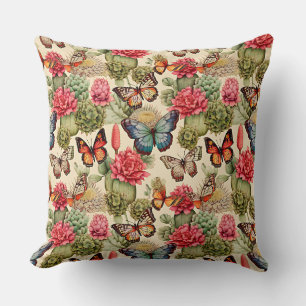 Coussin Motif d'été lumineux avec papillons et cactus