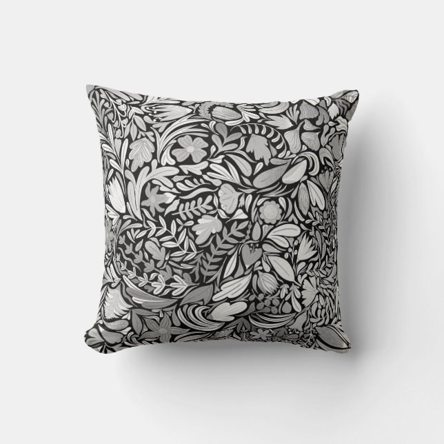 Coussin Motif d'illustration Feuilles floraux noirs argent (Recto)