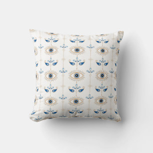 Coussin Motif d'oeil maléfique rétro bohème blanc