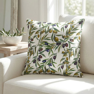 Coussin Motif d'olive de campagne française à l'aquarelle 