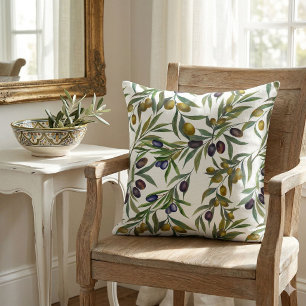 Coussin Motif d'olive de campagne française à l'aquarelle 
