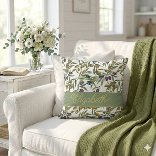 Coussin Motif d'olive de campagne française à l'aquarelle