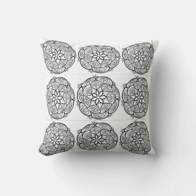 Coussin Motif du Cercle Mandala noir blanc (Recto)