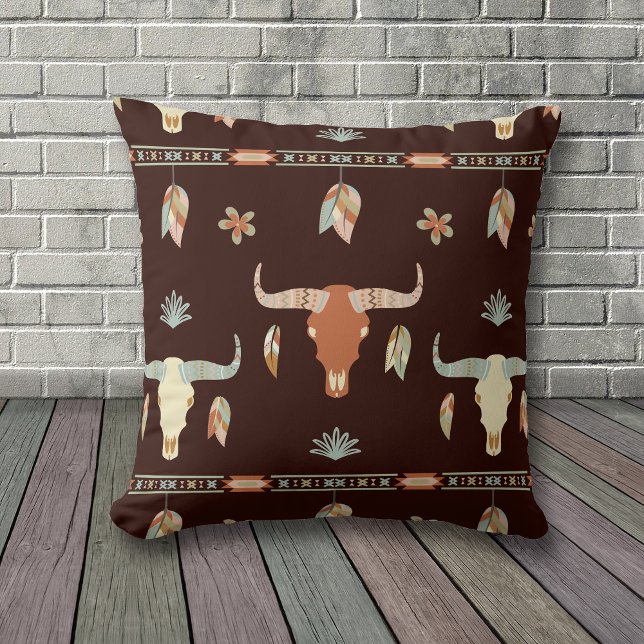 Coussin Motif du crâne et des plumes de vache Boho (Créateur téléchargé)
