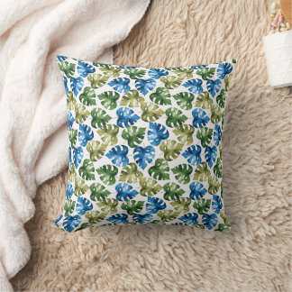 Coussin Motif en feuille de monstère bleu et vert