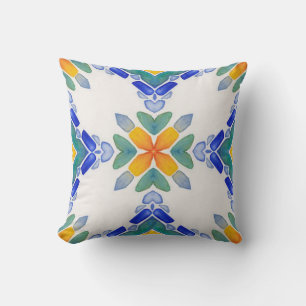 Coussin Motif en mosaïque blanche orange bleu vert