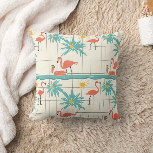 Coussin Motif Estival Rétro Flamingo au Bord de la Piscine (Couverture)