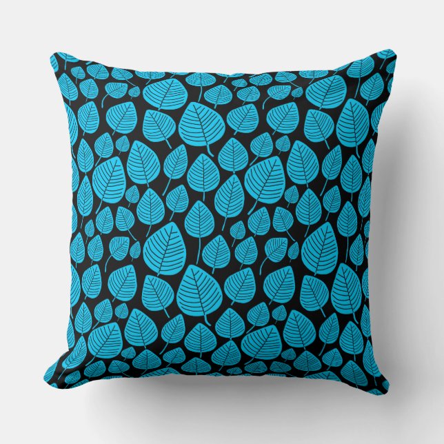 Coussin Motif feuille 02 - bleu ciel sur noir (Recto)