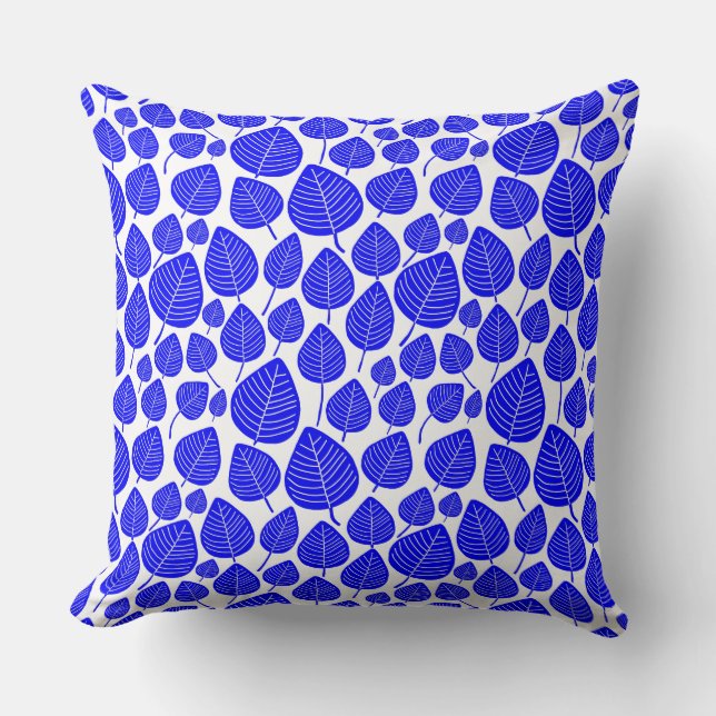 Coussin Motif feuille 02 - Bleu sur blanc (Recto)