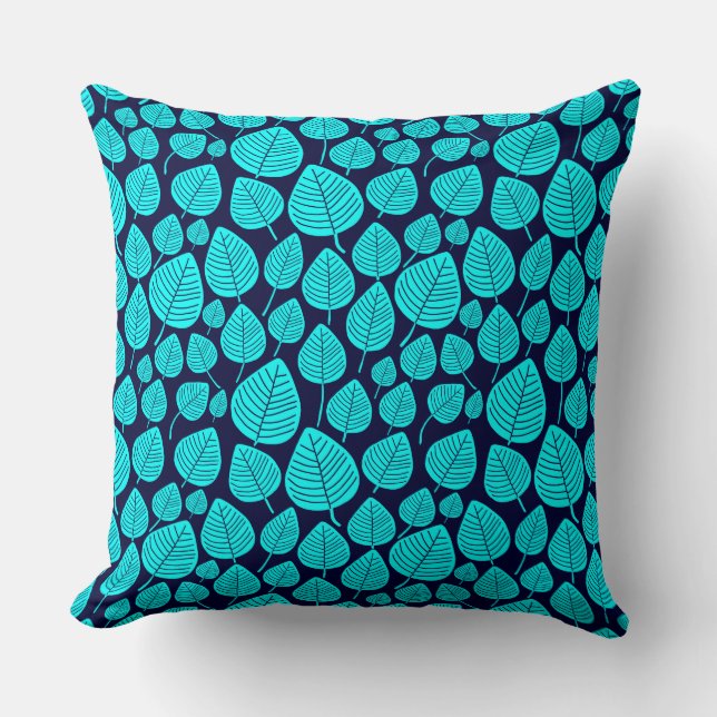 Coussin Motif feuille 02 - Cyan on Dark Navy (Recto)