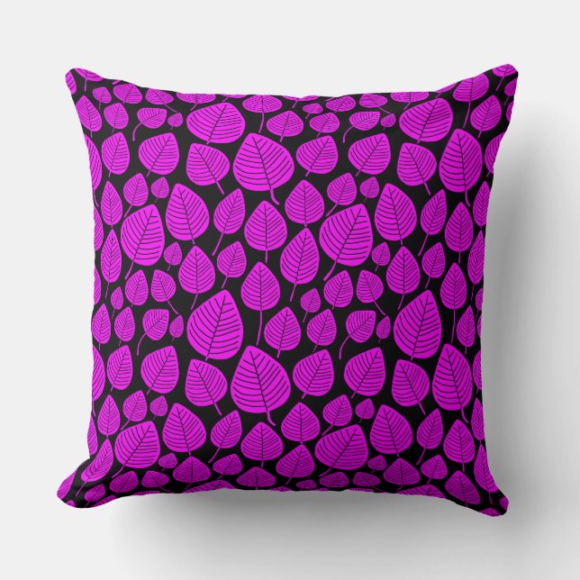 Coussin Motif feuille 02 - Magenta sur noir (Recto)