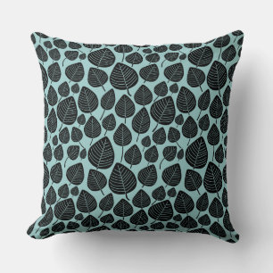 Coussin Motif feuille 02 - Noir sur bleu clair vert