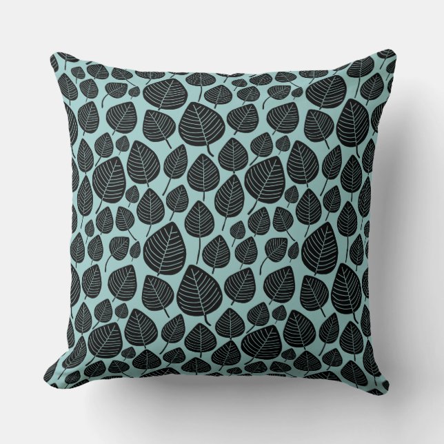 Coussin Motif feuille 02 - Noir sur bleu clair vert (Recto)