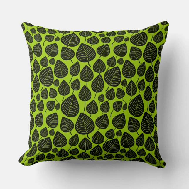 Coussin Motif feuille 02 - Noir sur Martian Green (Recto)