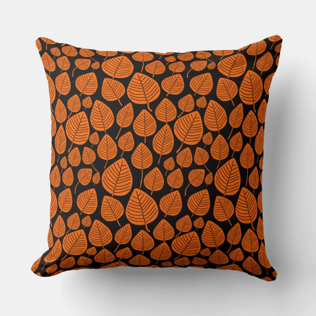 Coussin Motif feuille 02 - orange sur noir (Recto)