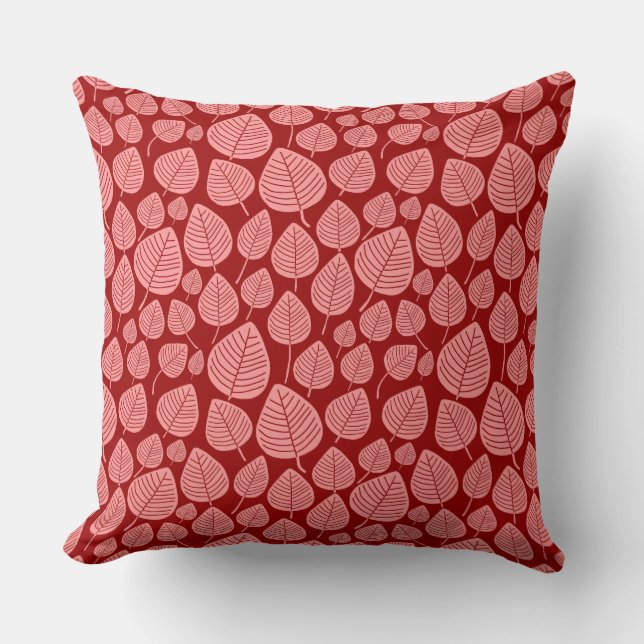 Coussin Motif feuille 02 - Rose doux sur rouge rubis (Recto)