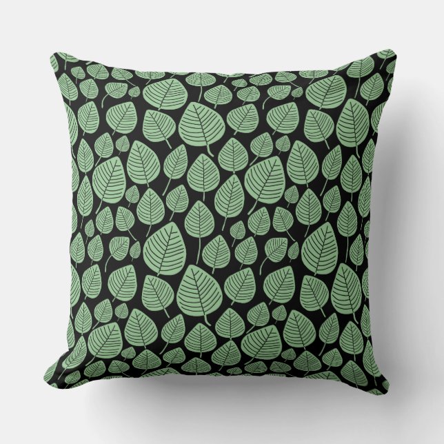 Coussin Motif feuille 02 - Vert pâle sur noir (Recto)