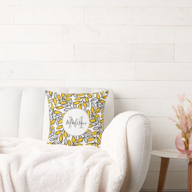 Coussin Motif Feuille gris-jaune dessiné à la main (Canapé)