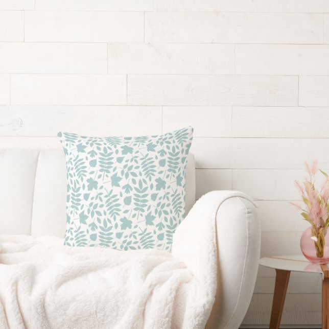 Coussin Motif Feuille perdu Turquoise sur blanc (Canapé)