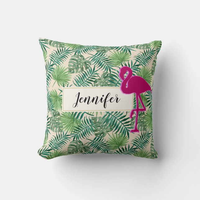 Coussin Motif Feuille tropical et Flamant rose rose person (Recto)