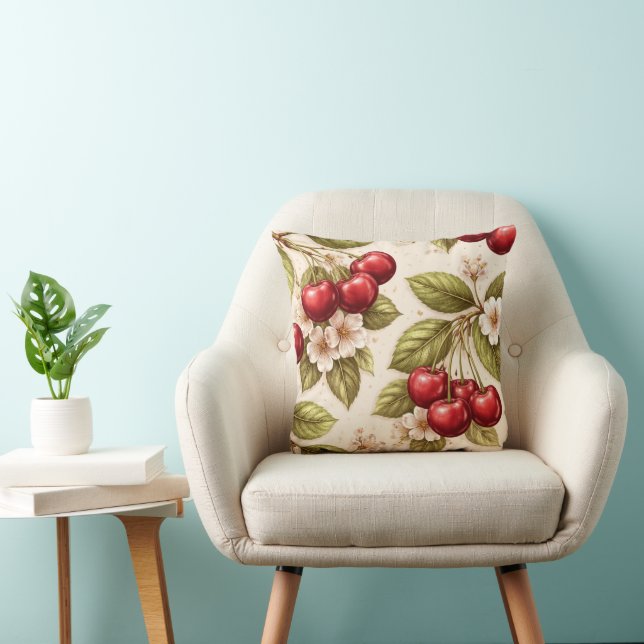 Coussin Motif Fleur de Cerisier Vintage Cerises Rouges  (Chaise)