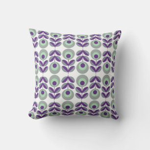 Coussin Motif Fleur Rétro En Violet Et Vert Menthe.