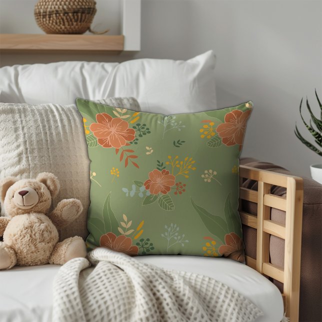 Coussin Motif floral à menthe beige pastel monogramme (Créateur téléchargé)