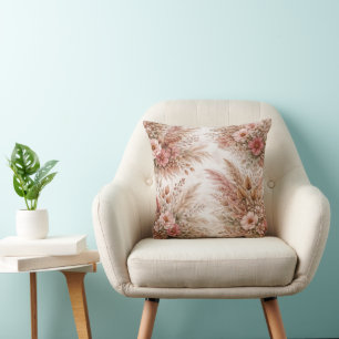 Coussin Motif floral bohème Rose poussiéreuse et rose tend